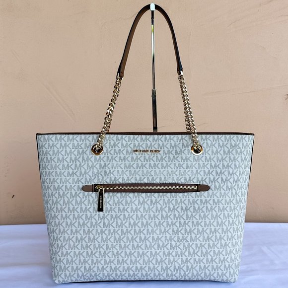 Michael Kors Jet Set Item Large Front Pocket Shoulder Chain Tote Bag MK Vanilla